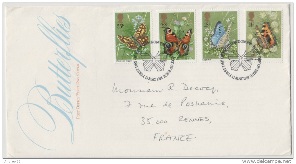 REGNO UNITO - UNITED KINGDOM - GREAT BRITAIN - GB - 1981 - BUTTERFLIES - London - FDC - Viaggiata Per Rennes - 1981-1990 Decimal Issues