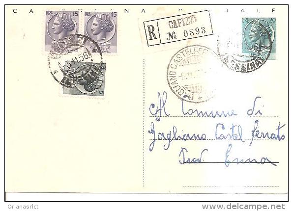 80943)cartolina Postale Raccomandata:con Affra 3valori15+15+5  Da Capizzi A Gagliano Castelferrato 6-11-56 - Interi Postali