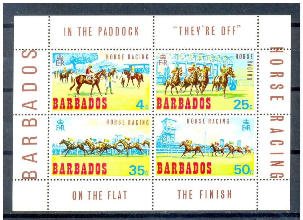 BARBADOS BLOCK 4v 1969 HORSE RACING HORSES JOCKEY * MNH - Barbados (1966-...)