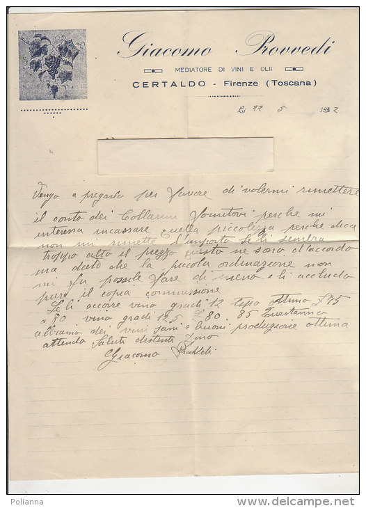 PO7436C# LETTERA MANOSCRITTA Su CARTA INTESTATA VINI E OLII GIACOMO PROVVEDI - CERTALDO - FIRENZE 1932 - Manoscritti