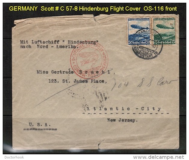 GERMANY   SCOTT # C 57-8 On 1936 HINDENBURG FLOWN COVER  TO ATLANTIC CITY - Other & Unclassified