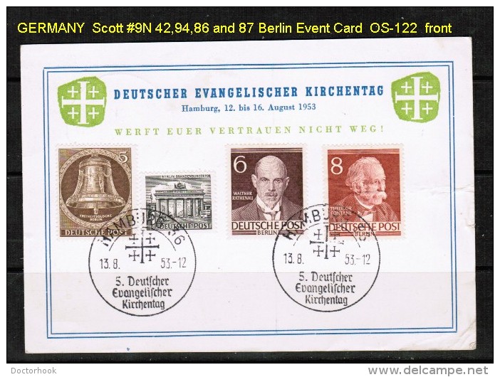 GERMANY   WITH BERLIN Scott #9N 42,94,86 And 87 STAMPS ON EVENT CARD TO "WEST NEWTON,MASS." HAMBURG (13/8/53) CANCEL - Covers & Documents