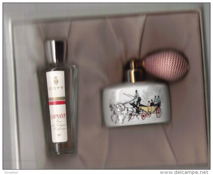 COFFRET ANCIEN COTY " L´AIMANT " PETIT FLACON EAU DE COLOGNE  AVEC SON VAPORISATEUR "CALECHE "PORCELAINE  LIMOGES - Dames