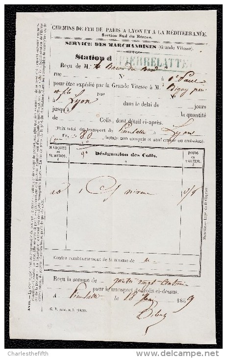 1859 MARQUE LINEAIRE CADREE * PIERLATTE * Sur Lettre De Transport CHEMINS DE FER DE PARIS A LYON ET MEDITERRANEE - - Oblitérés