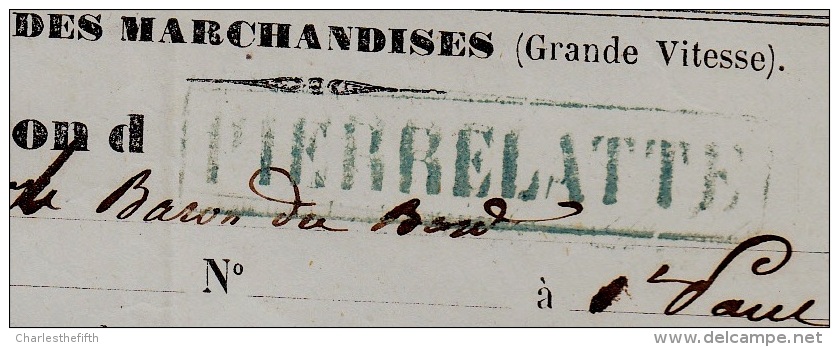 1859 MARQUE LINEAIRE CADREE * PIERLATTE * Sur Lettre De Transport CHEMINS DE FER DE PARIS A LYON ET MEDITERRANEE - - Afgestempeld