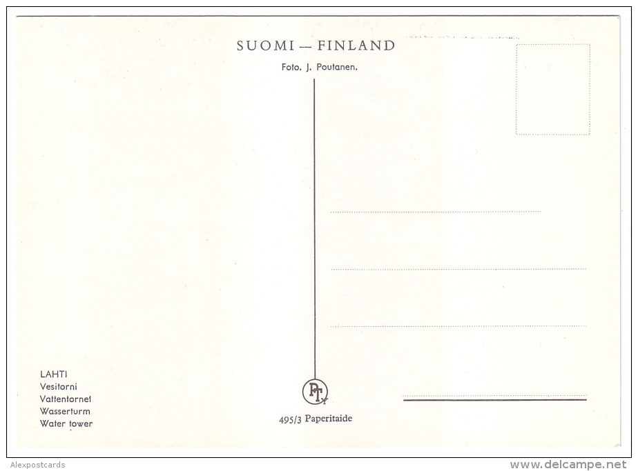 WATER TOWER - WASSERTURM - VATTENTORNET - VESITORNI. LAHTI, FINLAND (Unused Postcard) - Châteaux D'eau & éoliennes
