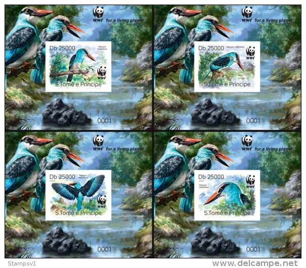 S. Tome&Principe. 2014 Blue-breasted Kingfisher. 4 Blocks DELUXE - Unused Stamps