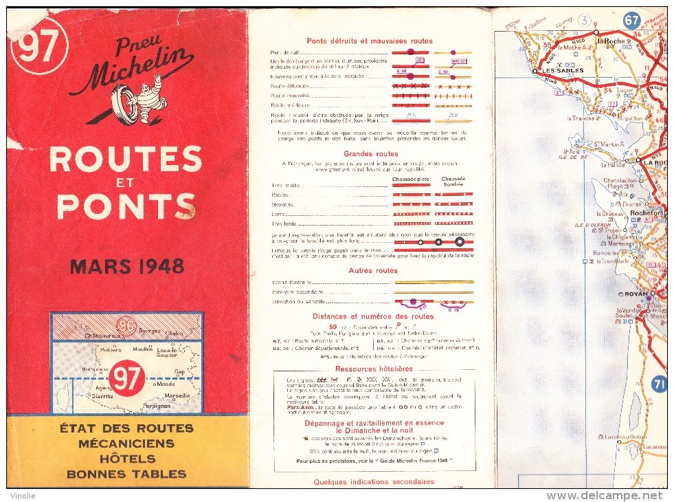 VP 15 0091: Routes Et Ponts Carte Michelin 1948  N° 97 Etat Des Routes Mécaniciens Hôtels Bonnes Tables - Cartes Routières