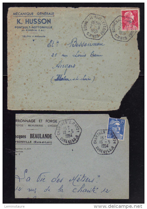 Poste Automobile Rurale / Circuit De CHARTRES C.P. N° 21 &amp; BONNEVAL C.P. N° 5 - EURE ET LOIR  / 2 Fragments 1954 &am - Cachets Manuels