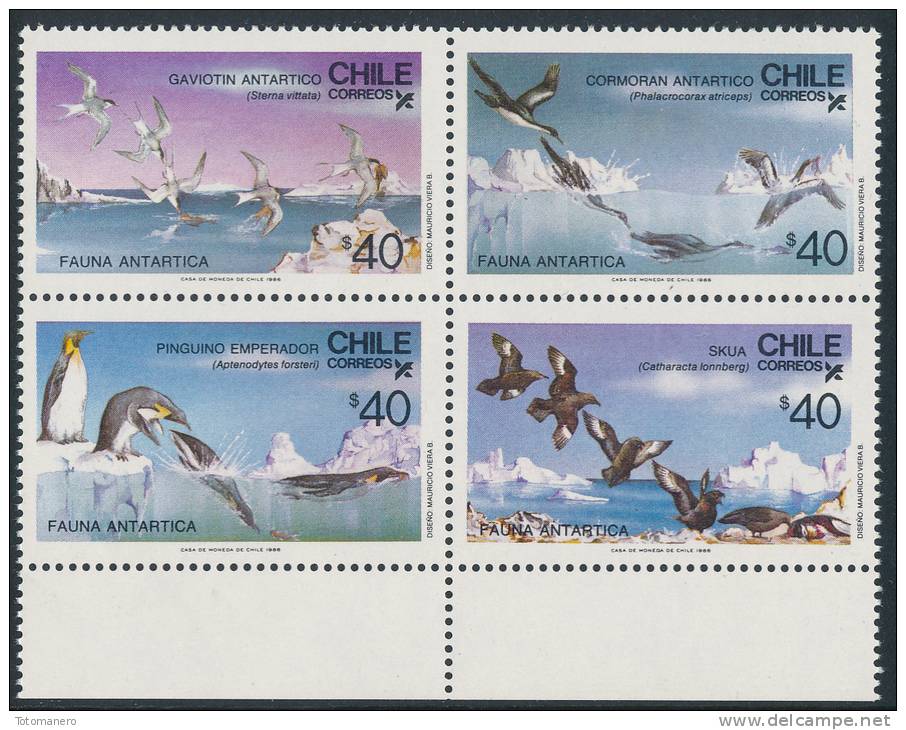 CHILE 1986, Antarcic Fauna - Antarcic Sea Birds Block Of 4v** - Faune Antarctique