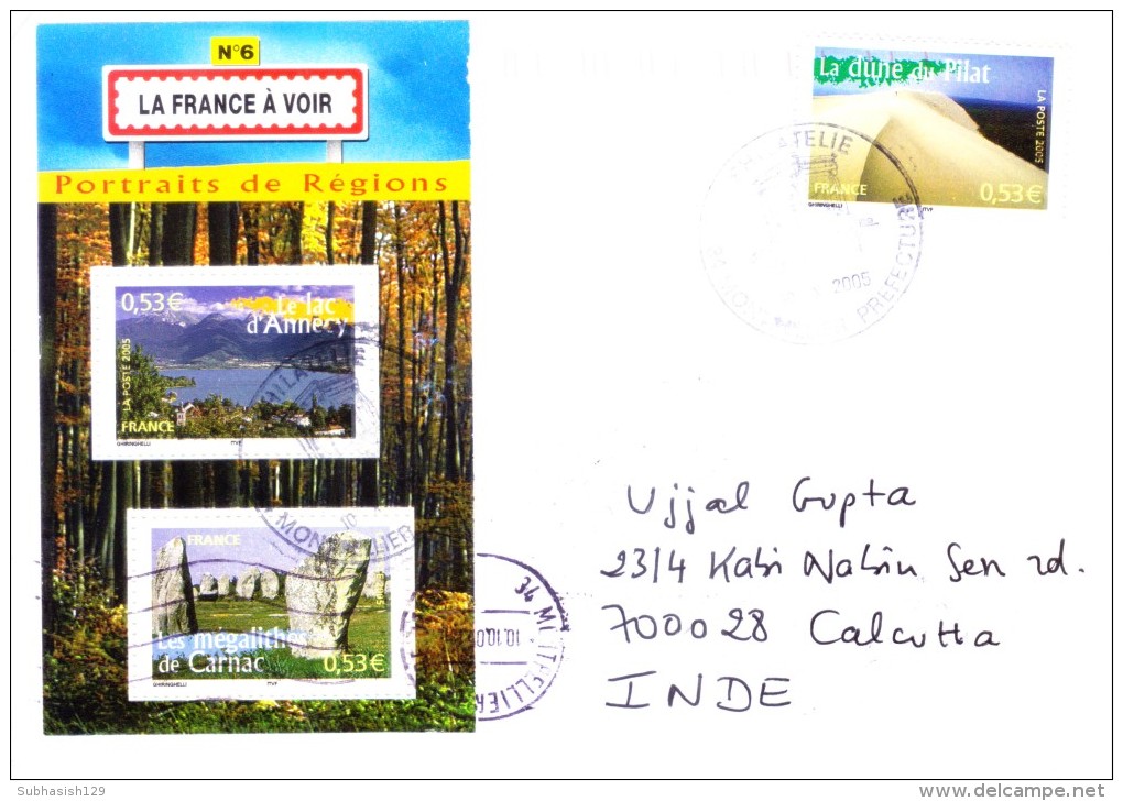 FRANCE FIRST DAY COVER 10.10.2005 ON PORTRAITS DE REGIONS - COMMERCIALLY SENT FROM 34 MONTPELLIER PREFECTURE FOR INDIA - Covers & Documents