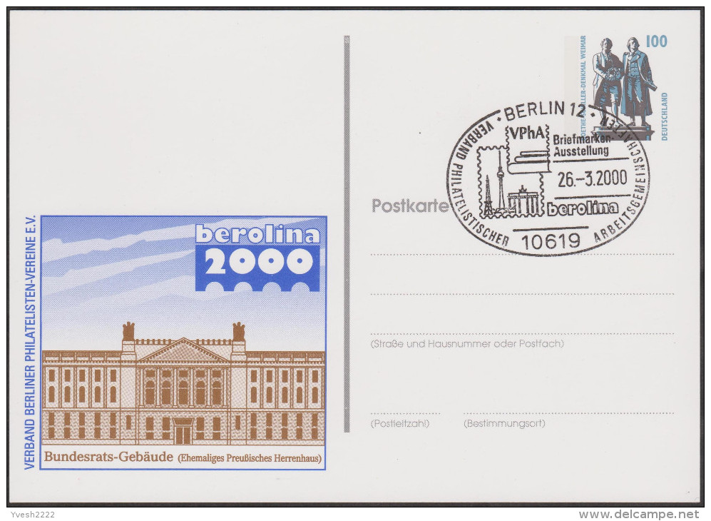 Allemagne 2000. Privatganzsache, Entier Postal Timbré Sur Commande. Berolina, Bundesrat - Cartes Postales Privées - Oblitérées