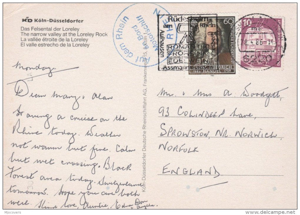 1986 GERMANY COVER Card Auf Dern Rhein An Bord MOTORSCHIFF RHEIN  To Gb Stamps Ship - Ships