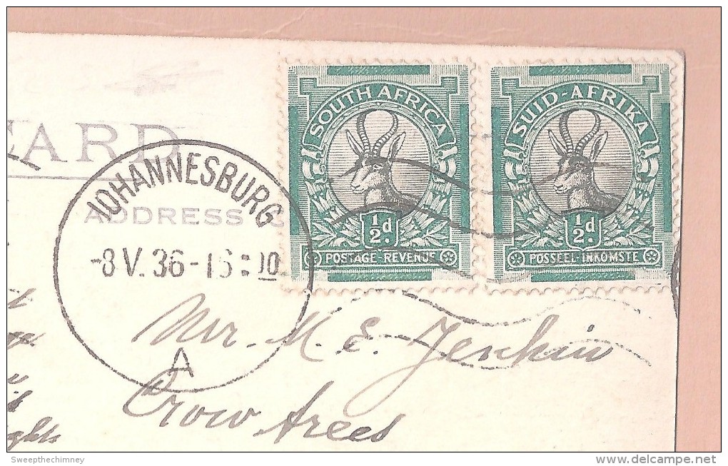 2 TWO SOUTH AFRICA 1/2 D STAMPS USED AT JOHANNESBURG ON A RP VICTORIA FALLS RHODESIA USED Zimbabwe SOUTHERN RHODESIA - Zuid-Afrika