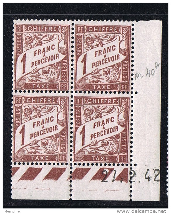 Banderole  1 Fr Sur Papier Blanc  Yv T40A  Du 27.2.42  ** - Postage Due