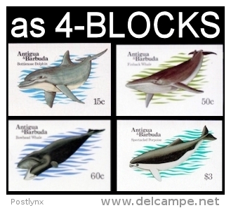 ANTIGUA & BARBUDA 1983 Whales. IMPERF.4-BLOCKS:4 (16 Stamps)    [non Dentelé,Geschnitten,no Dentado,non Dentellato] - Baleines