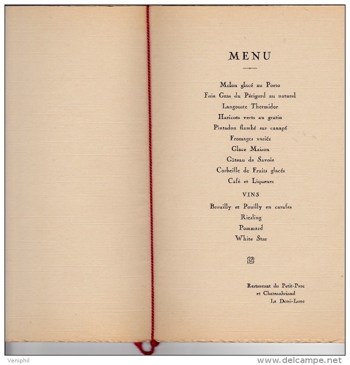 MENU RESTAURANT DU PARC -LYON-REMISE LEGION D'HONNEUR A D .P. MASSIMI -DEPUTE DU RHONE 1928-36- - Menükarten