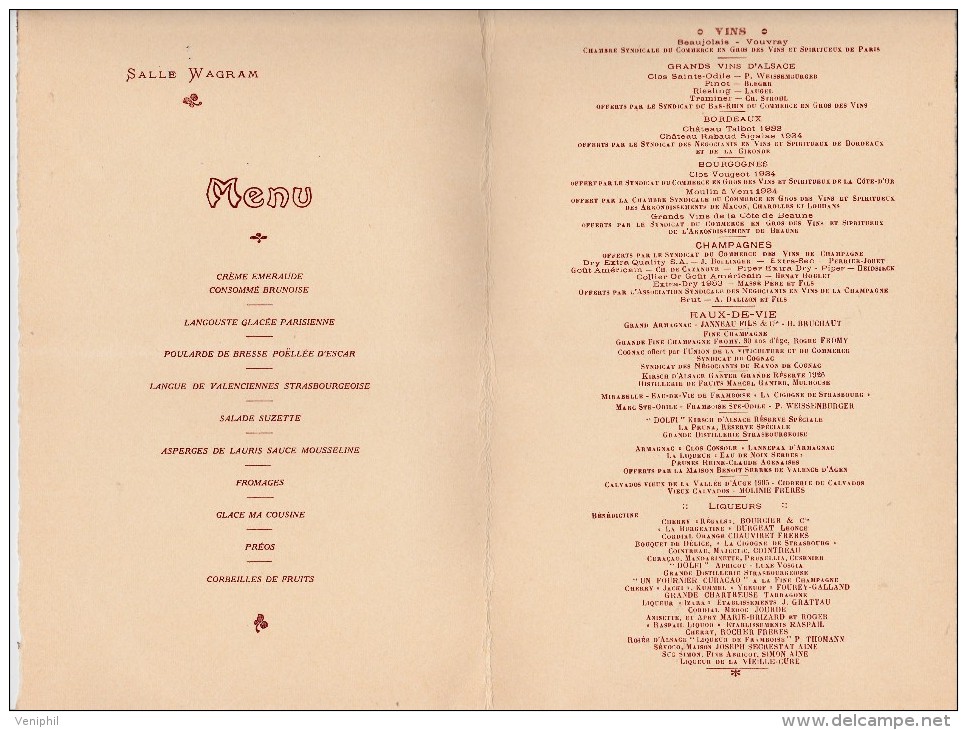 BANQUET ANNUEL -SYNDICAT DU COMMERCE EN GROS VINS ET SPIRITUEUX -SALLE WAGRAM 24 MAI 1939 - Menus