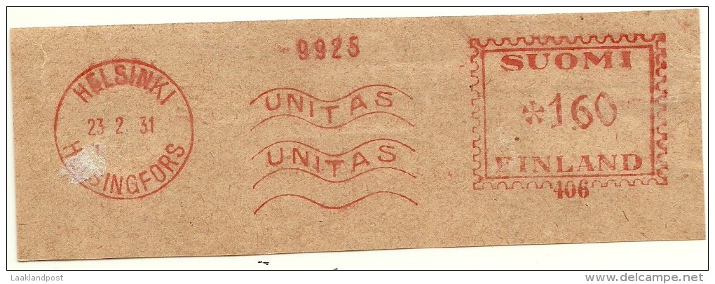 Finland Nice Cut Meter, Freistempel  UNITAS 9925 Bank? , Helsinki Helsingfors, 23-2-1931 - Automaatzegels [ATM]