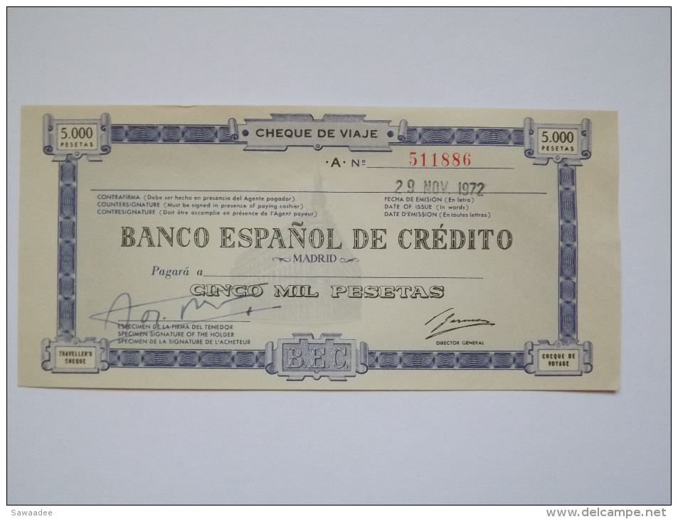 CHEQUE DE VOYAGE - ESPAGNE - BANCO ESPANOL DE CREDITO - 5000 PESETAS - 1972 - Cheques En Traveller's Cheques