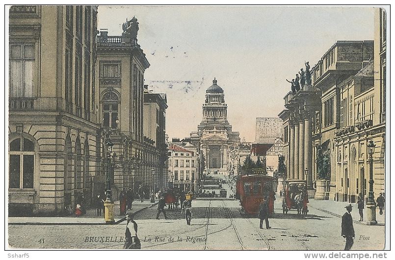 Bruxelles Rue De La Régence TRAM + Horse Carriage Colored Card 1906 - Transport Urbain Souterrain