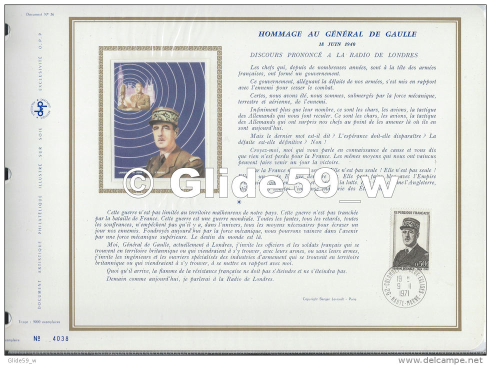 Hommage Au Général De Gaulle - 18 Juin 1940 - N° 4038 - Document Artistique Philatélique Illustré Sur Soie - N° 36 (9 00 - 1970-1979