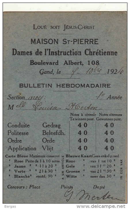 Bulletin Maison Saint Pierre Dames De L´instruction Chrétienne Gand - Diplômes & Bulletins Scolaires