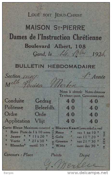 Bulletin Maison Saint Pierre Dames De L´instruction Chrétienne Gand - Diplômes & Bulletins Scolaires