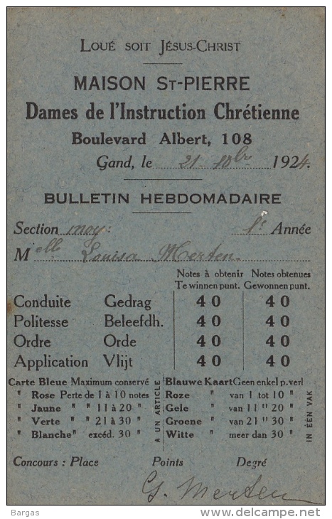 Bulletin Maison Saint Pierre Dames De L´instruction Chrétienne Gand - Diplômes & Bulletins Scolaires