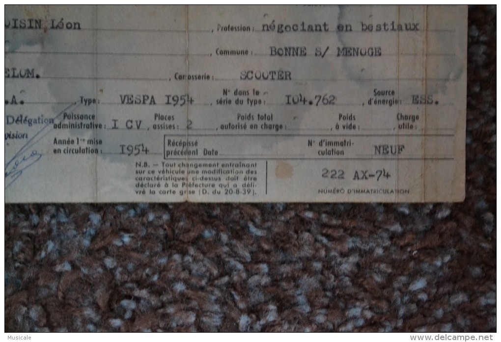 RECEPISSE DE DECLARATION DE MISE EN CIRCULATION D'UN VEHICULE A MOTEUR 1954 TIMBRE 500 FRANCS - Automobile