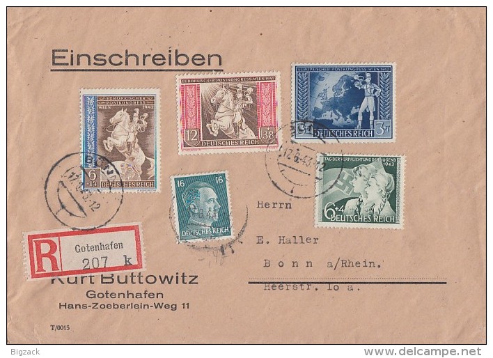 DR R-Brief Mif Minr.790,820,821,822,843 Gotenhafen 17.6.43 - Covers & Documents