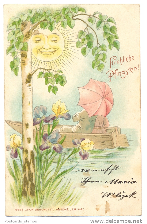 Pfingsten, Paar Im Ruderboot, Sonne, Farb-Litho, 1902 - Pinksteren