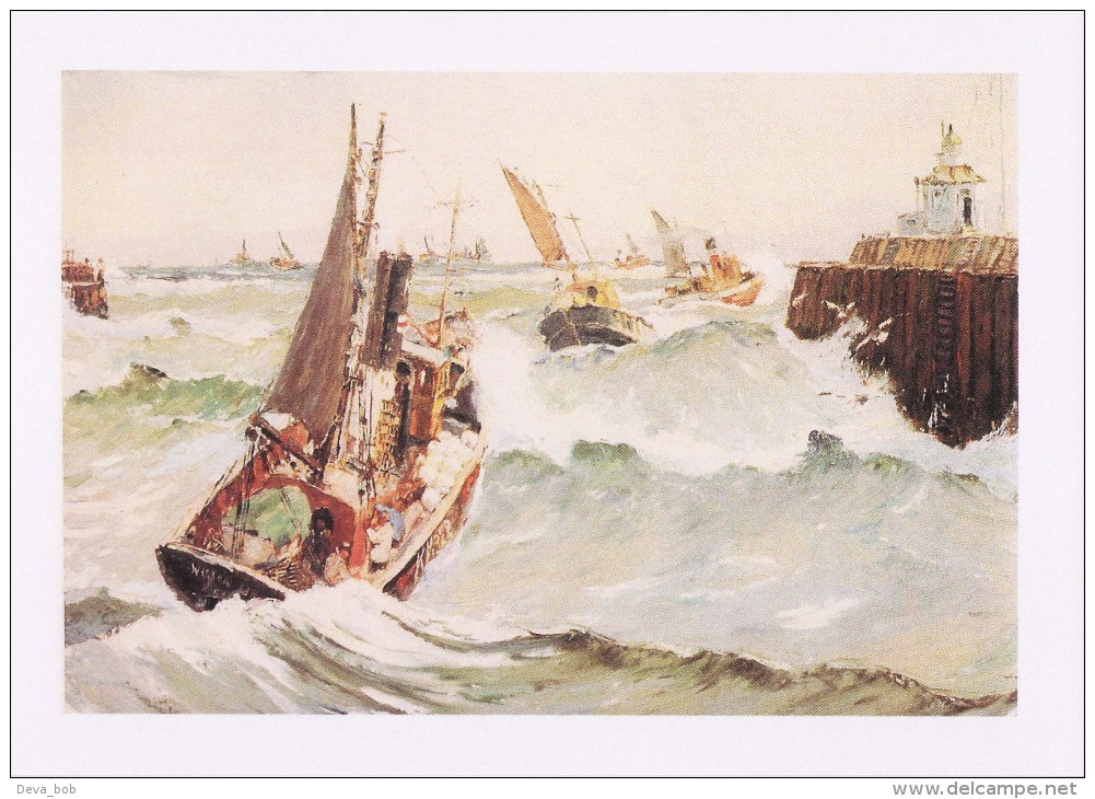 Maritime Art Postcard Steam Drifters Heading Out Rough Sea Rowland Fisher Boat - Fishing Boats