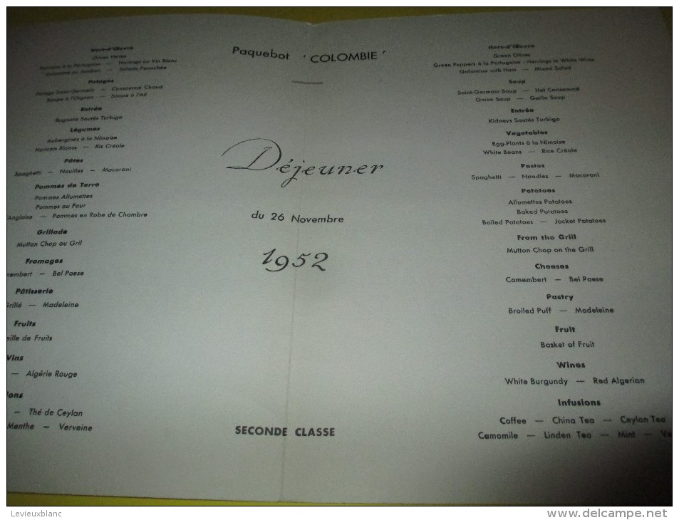 Grand Menu/ Compagnie Générale Transatlantique/ Paquebot " Colombie"/Seconde Classe/ 1952    MENU68 - Menus