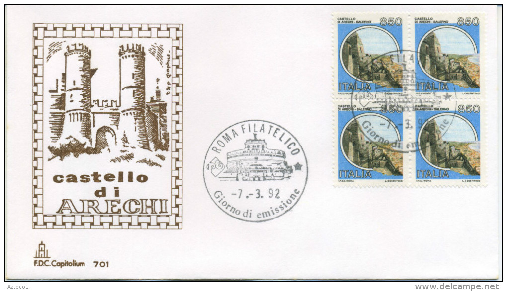 ITALIA - FDC  CAPITOLIUM 1992 -  CASTELLO DI ARECHI A SALERNO - QUARTINA - FDC