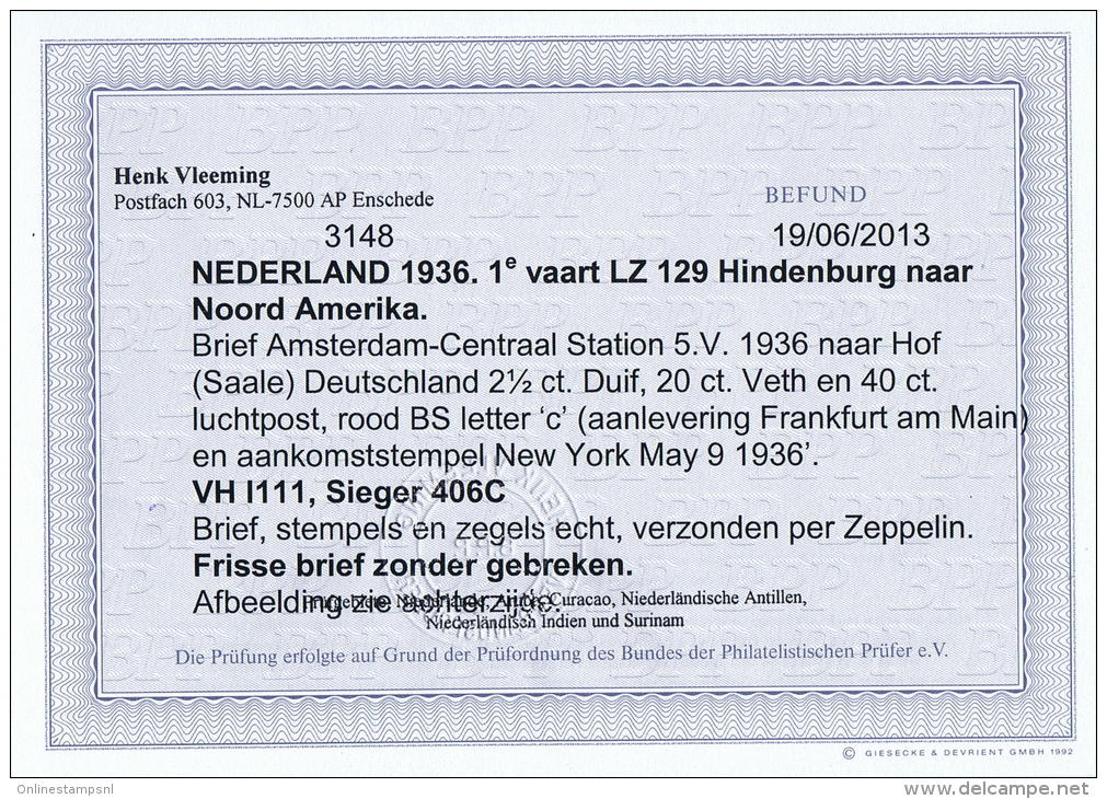 1936 Hindenburg First Flight LZ 129 To North America Amsterdam, New York Hof Saale BPP Cert Henk Vleeming Sieger 121D - Poste Aérienne