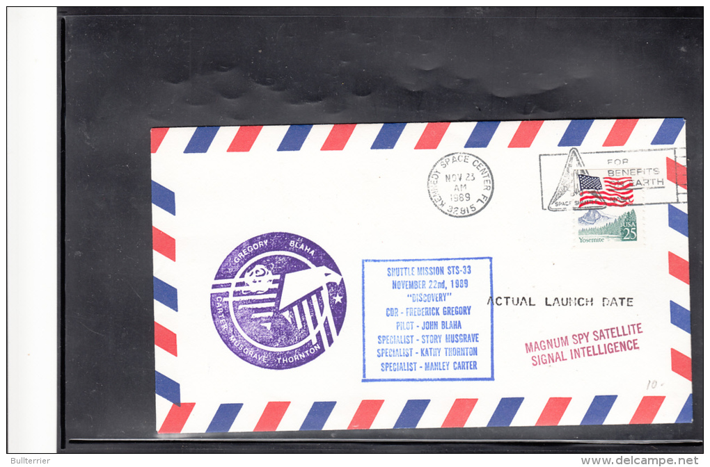 SPACE -   USA - 1989 - STS  33 SHUTTLE MAGNUM SPY SATELLITE  ACTGUAL LAUNCH DATE COVER   WITH  KENNEDY CENTRE  POSTMARK - Etats-Unis