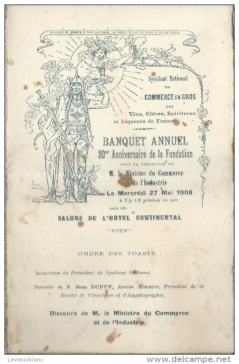 Menu/Syndicat National Du Commerce En Gros/ Banquet Annuel1/Musique Du 46éme RI/1908   MENU85 - Menus