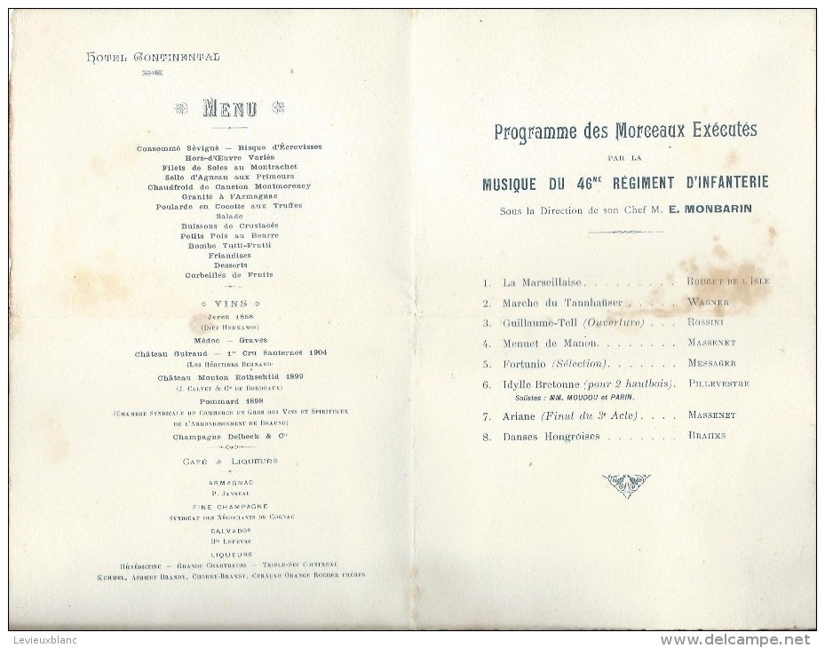 Menu/Syndicat National Du Commerce En Gros/ Banquet Annuel1/Musique Du 46éme RI/1908   MENU85 - Menus