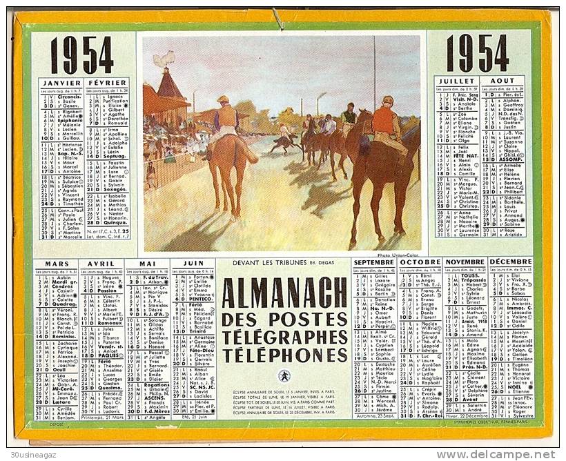 Calendrier 1954, Almanach Des PTT,postes, Devant Les Tribunes,26,5 X 21 Cm Departement 13. - Grand Format : 1941-60