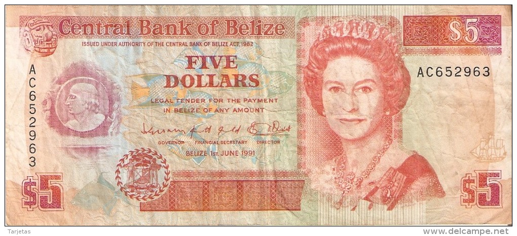 BILLETE DE BELIZE DE 5 DOLLARS  DEL AÑO 1991   (BANKNOTE) - Belice