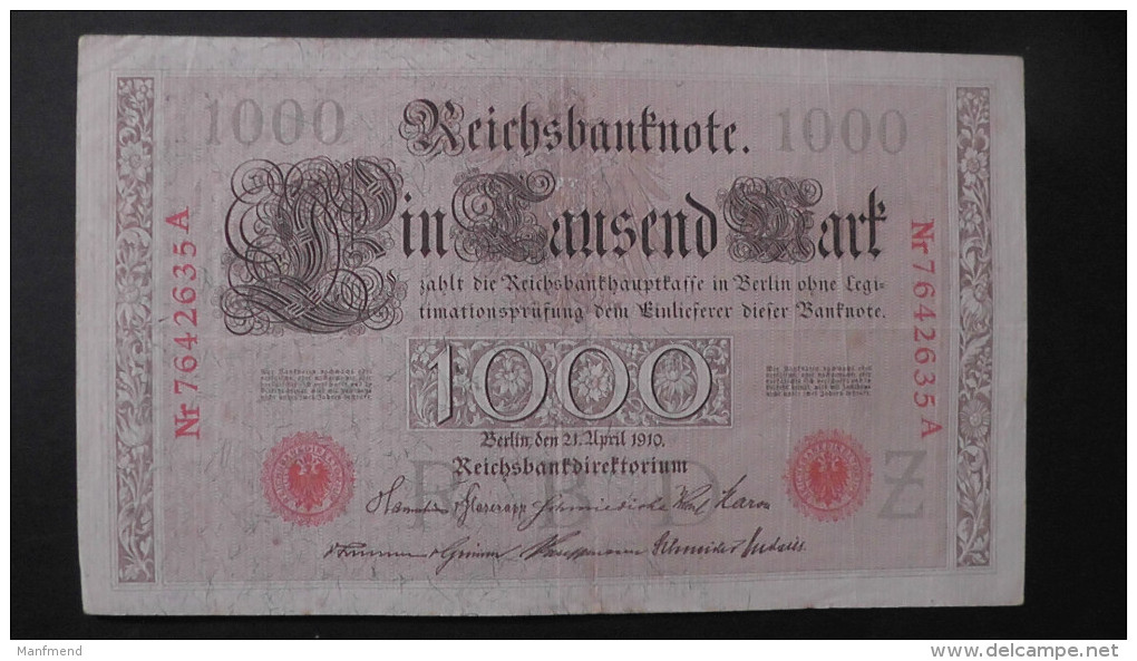 Germany 1.000 Mark 1910-04-21 - P44b/1 - 7 Digit Serial#  - Underprint Z - Serie A - VF - Look Scans - 1.000 Mark