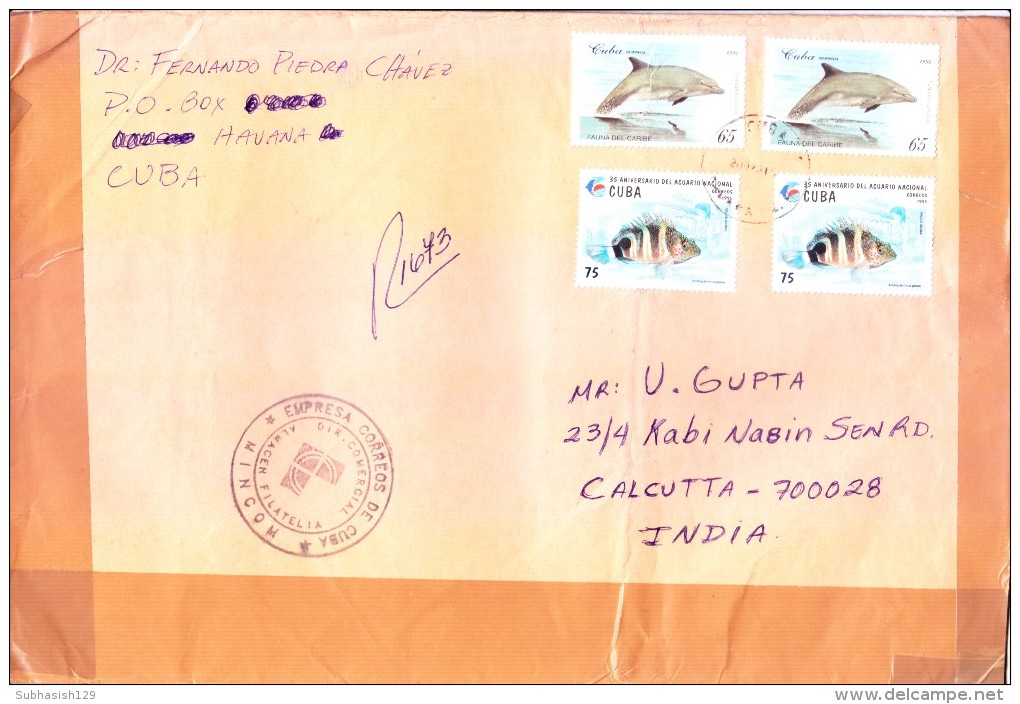 CUBA COMMERCIAL COVER 1997 - POSTED FROM HAUANA FOR INDIA, USE OF COMMEMORATIVE STAMPS ON FISH - Covers & Documents