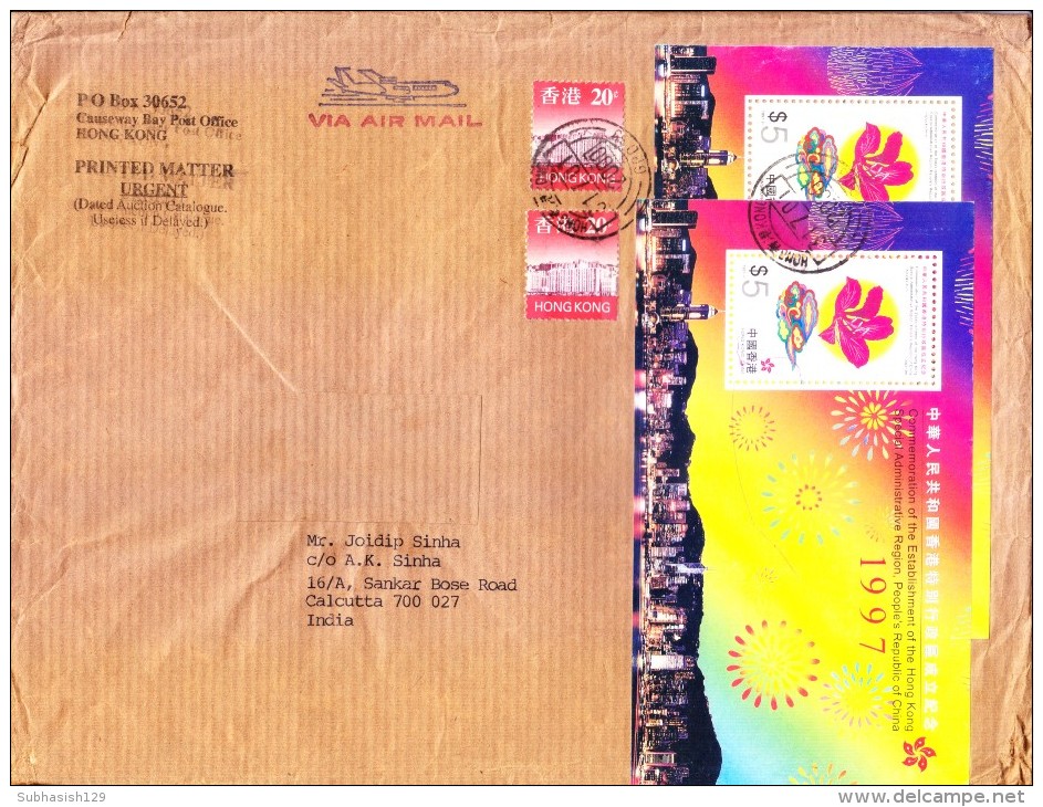 HONG KONG COMMERCIAL COVER 2001 - POSTED FROM HONG KONG GPO FOR INDIA, USE OF 2V MINIATURE SHEET WITH STAMPS - Covers & Documents