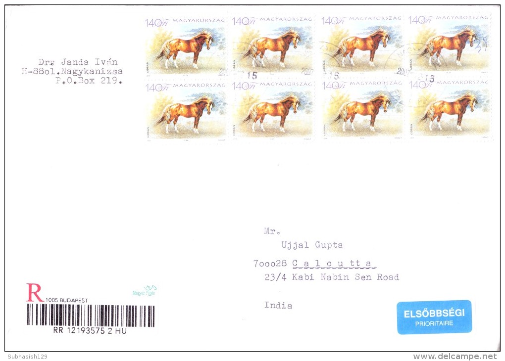 HUNGARY REGISTERED COVER 2007 - POSTED FROM NAGYKANIZSA 1 FOR INDIA, USE OF 2V BLOCK OF 4 OF HORSE STAMP - Lettres & Documents