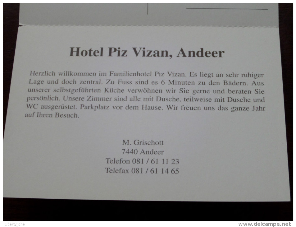 Hotel ** PIZ VIZAN Martin Grischott Andeer / Anno 19?? ( Dubbele Reclame Kaart - Zie Foto´s Voor Details ) !! - Hotel's & Restaurants