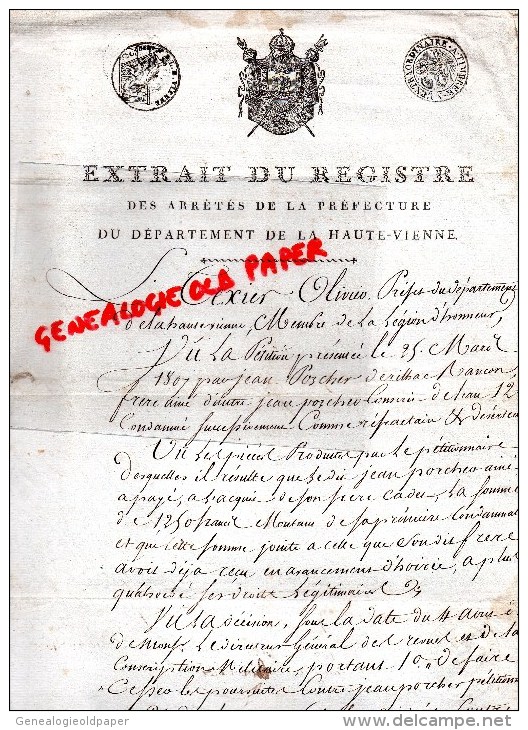 87 - RILHAC RANCON - EXTRAIT DU REGISTRE PREFECTURE HAUTE VIENNE- TEXIER OLIVIER PREFET- JEAN PORCHER-1807 - Manuscripts