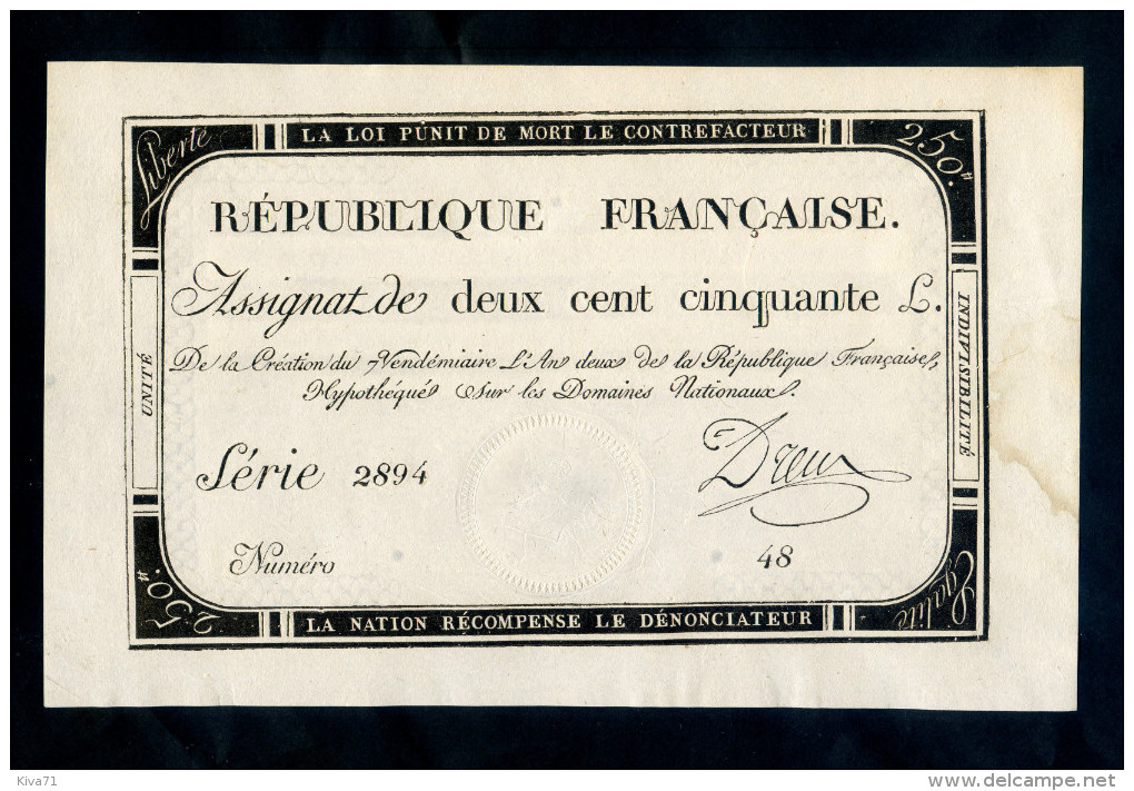 Assignat  "Deux Cent Cinquante Livres" 7 Vendémiaire An 2  En Superbe + - Assignats