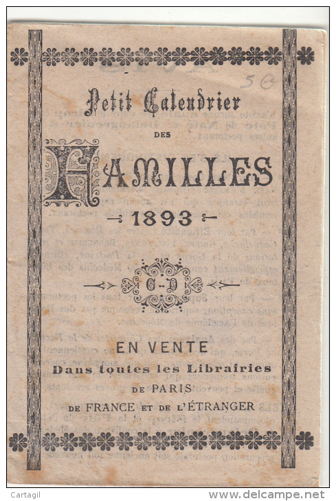 VP - B1523 - Petit Calendrier Des Familles 1893 ( Amusant Et Ludique) - Scans Multiples - Small : ...-1900