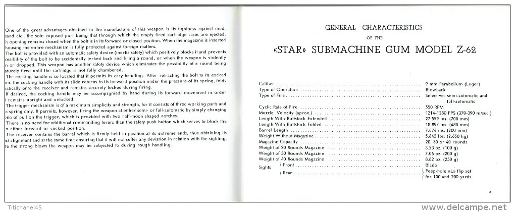 Catalogue 1965 Mitraillette SUBMACHINE GUN  MODEL Z-62  Cal. 9 Mm. Parabellum "STAR"- Description, Fonction.,démontage - Armes Neutralisées